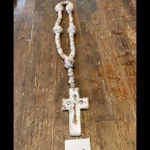27” wooden rustic painted bead rosary with clay cross